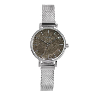 Amesbury Silver mesh watch with a Grey Marble Dial - OWL watches