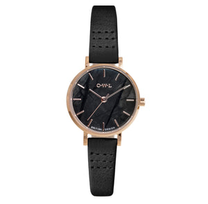 AMESBURY LADIES WATCH WITH PICASSO JASPER NATURAL STONE DIAL, ROSE GOLD CASE & BLACK LEATHER STRAP