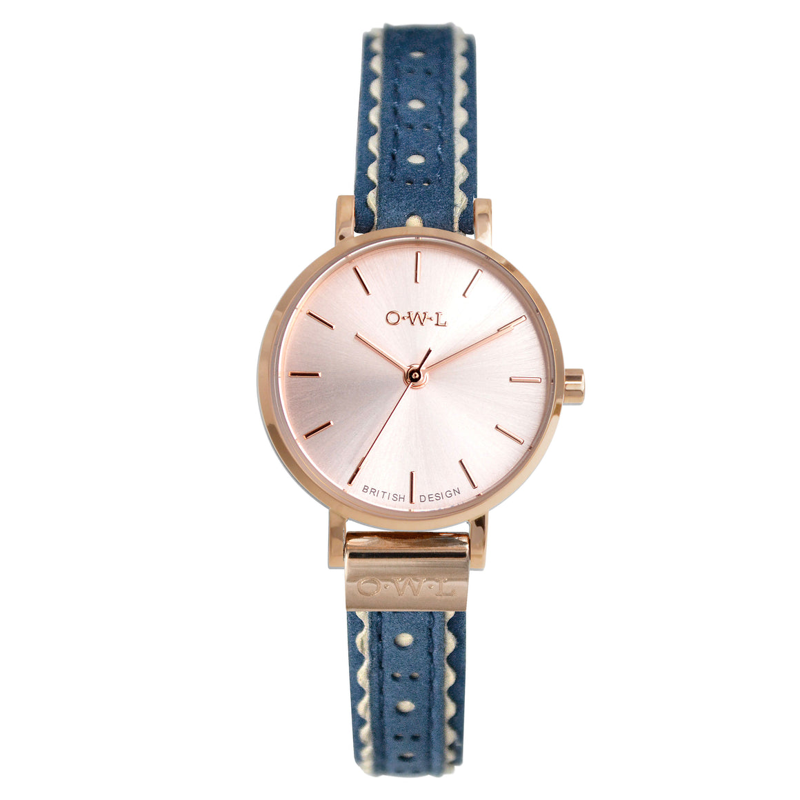 ASHBOURNE LADIES ANALOGUE WATCH WITH ROSE GOLD CASE & SOFT BLUE & CREAM BROGUE LEATHER STRAP