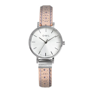ASHBOURNE SILVER CASE LADIES WATCH SHIMMER PINK BROGUE LEATHER STRAP