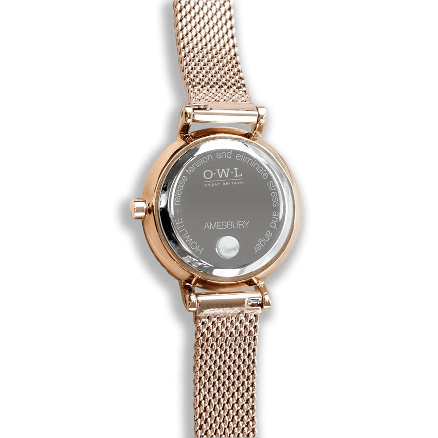 AMESBURY LADIES WATCH WITH HOWLITE NATURAL STONE DIAL, ROSE GOLD CASE & TAN LEATHER STRAP