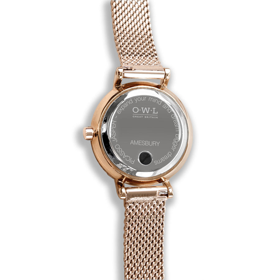 Amesbury Rose gold mesh watch with genuine Picasso Jasper - OWL watches