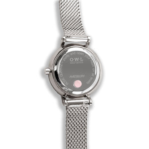 Amesbury Silver mesh watch with a genuine Rose Quartz Dial - OWL watches