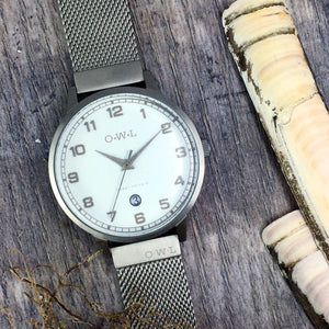 BRANCASTER STEEL & SHELL WHITE DIAL & STEEL MESH STRAP WATCH - OWL watches