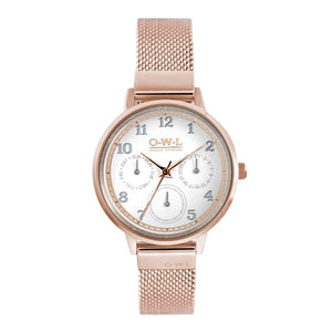 HELMSLEY ROSE GOLD CASE WITH SHELL WHITE DIAL & ROSE GOLD MESH STRAP - OWL watches