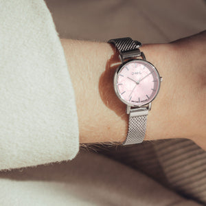 Amesbury Silver mesh watch with a genuine Rose Quartz Dial - OWL watches