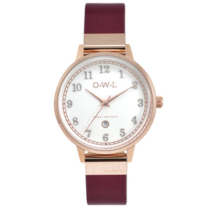 Sutton Ladies Analogue Watch with Rose Gold Case, White Dial, and Deep Red Burgundy Leather Strap