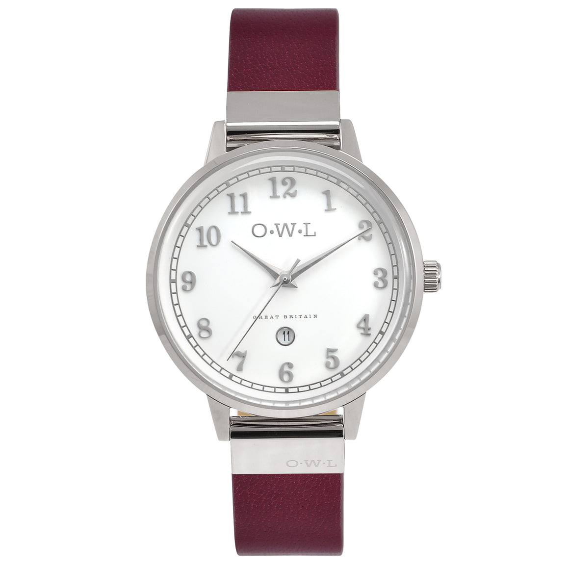 SUTTON LADIES WATCH WITH WHITE DIAL ON A POLISHED SILVER CASE & DEEP RED LEATHER STRAP